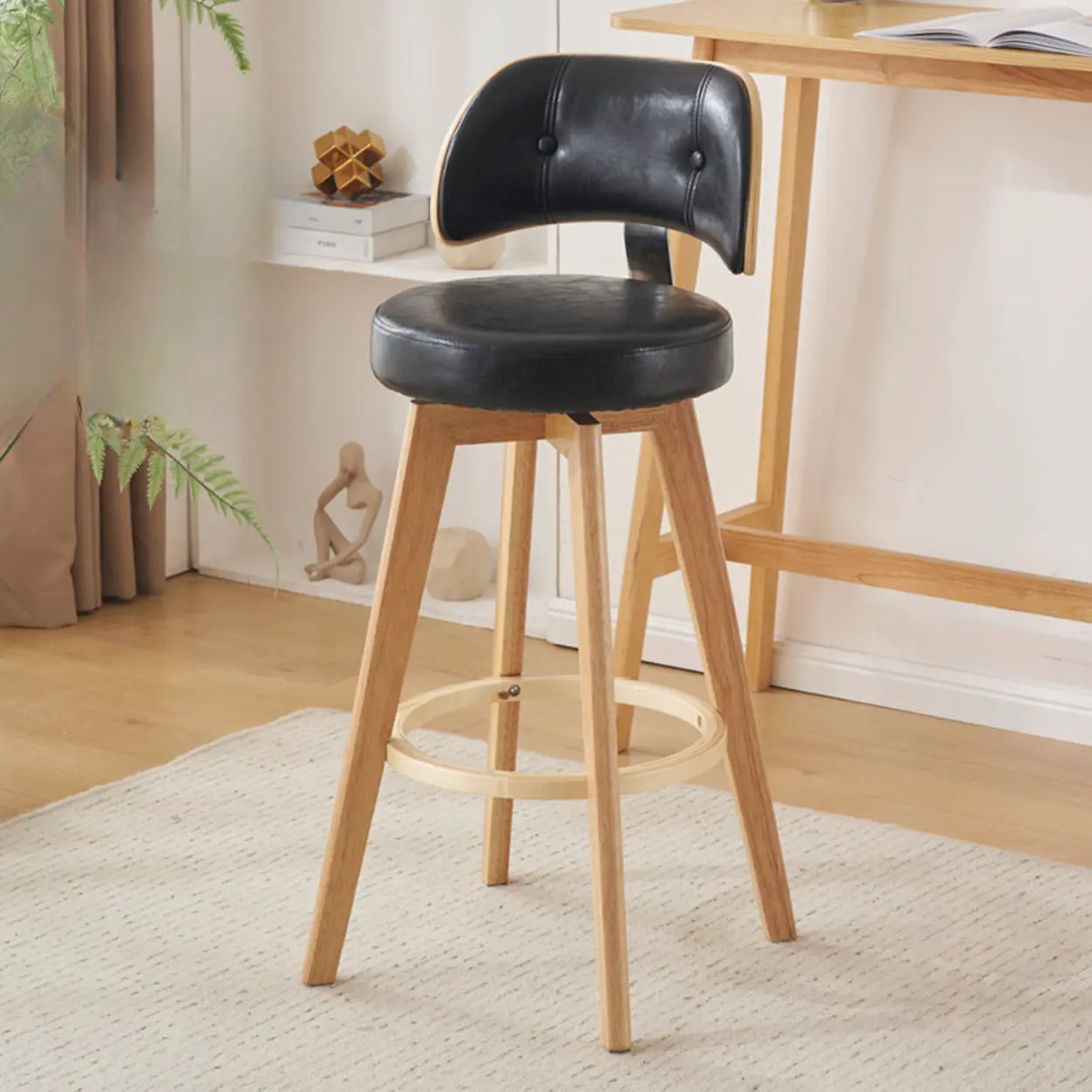Scandinavian Swivel Wood Low Back Leather Padded Bar Stool Image - 26