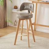 Scandinavian Swivel Wood Low Back Leather Padded Bar Stool Image - 3