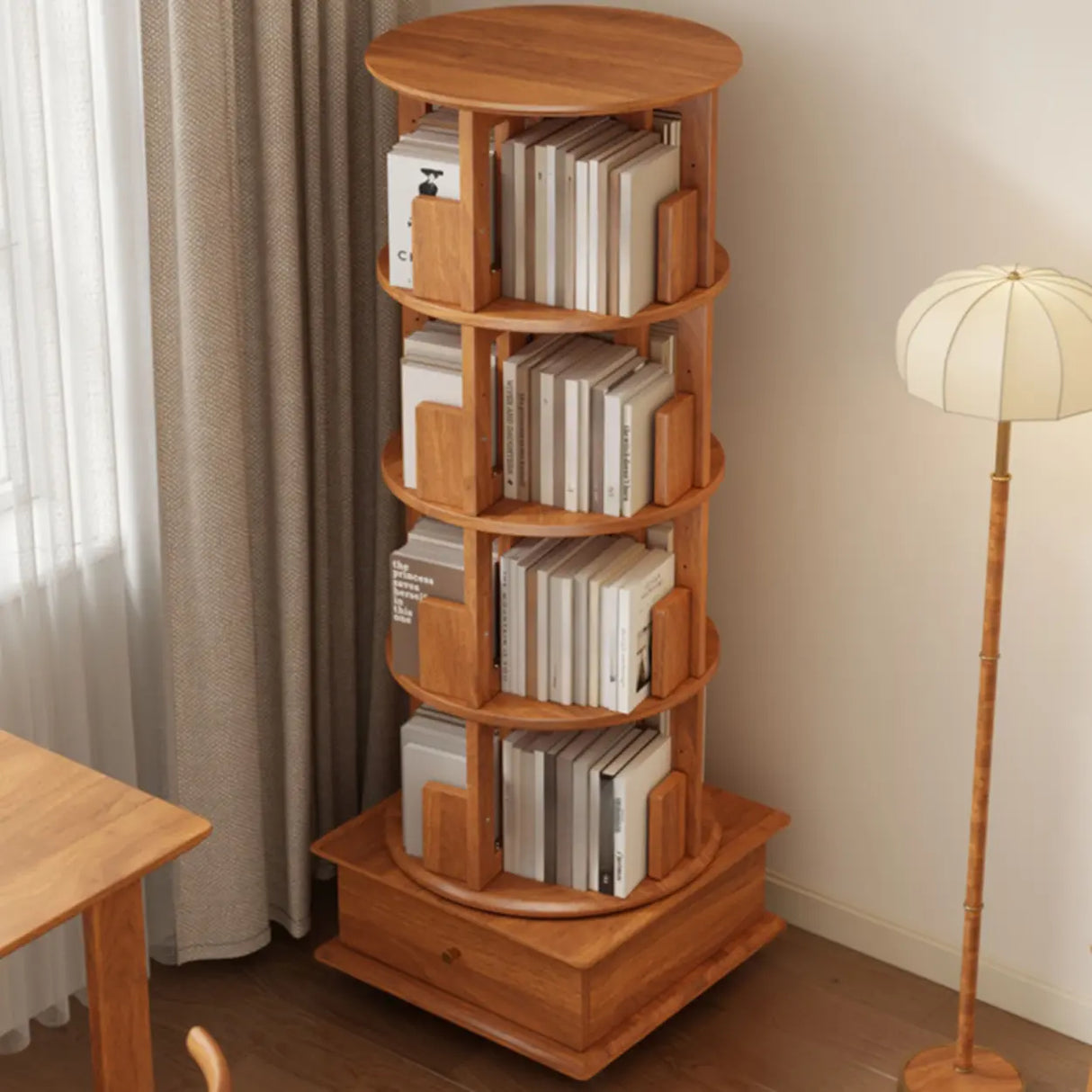 Scandinavian Tiered Shelf Rotating Wood Vertical Corner Bookshelf Image - 3