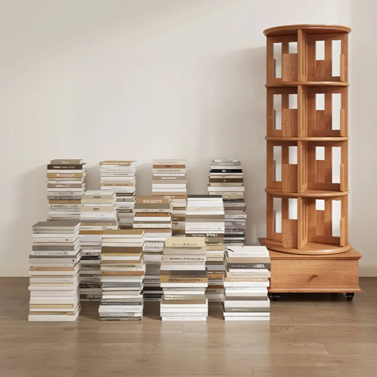 Scandinavian Tiered Shelf Rotating Wood Vertical Corner Bookshelf Image - 6