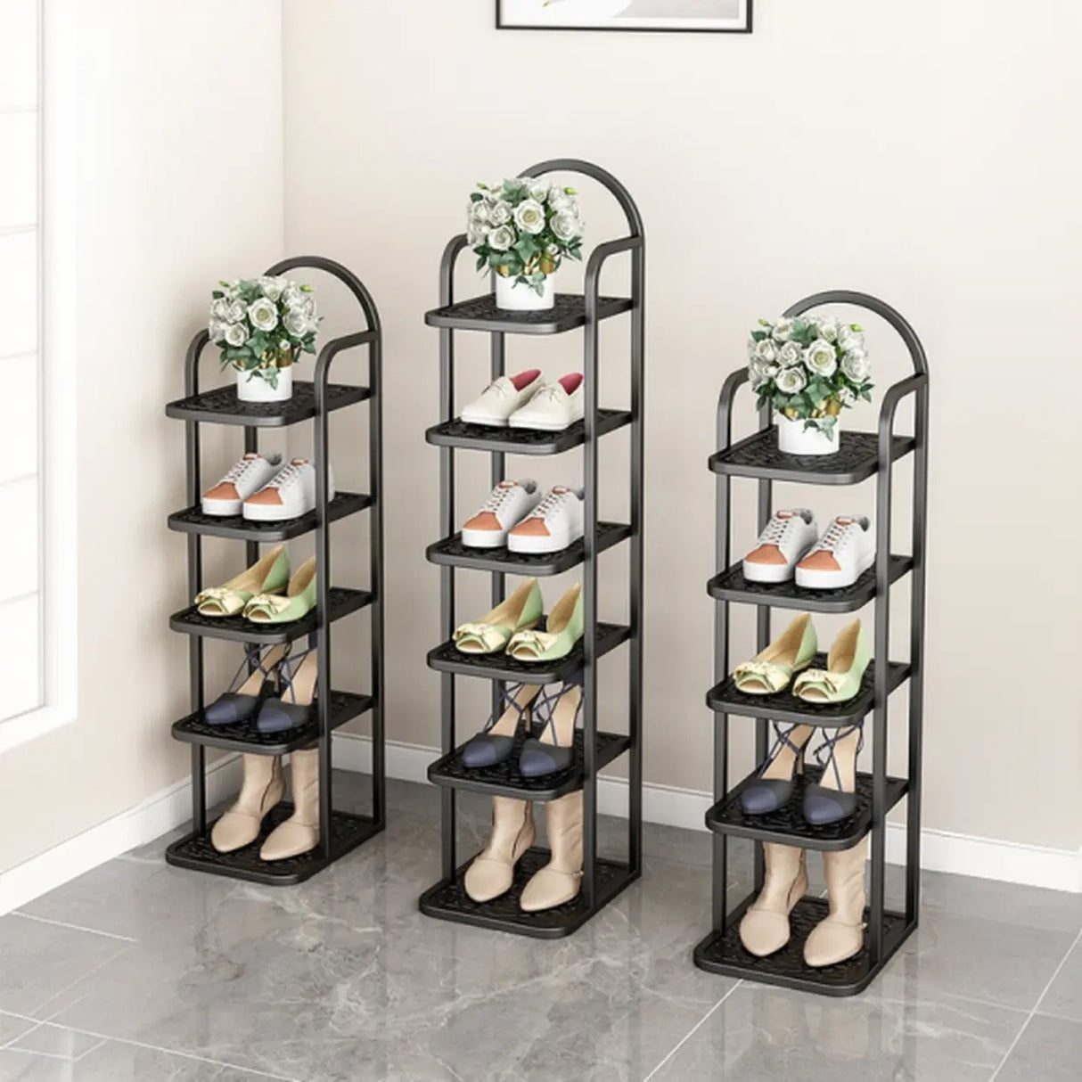 Scandinavian Tower Metal Floor Gold Tall Shoe Rack Image - 4