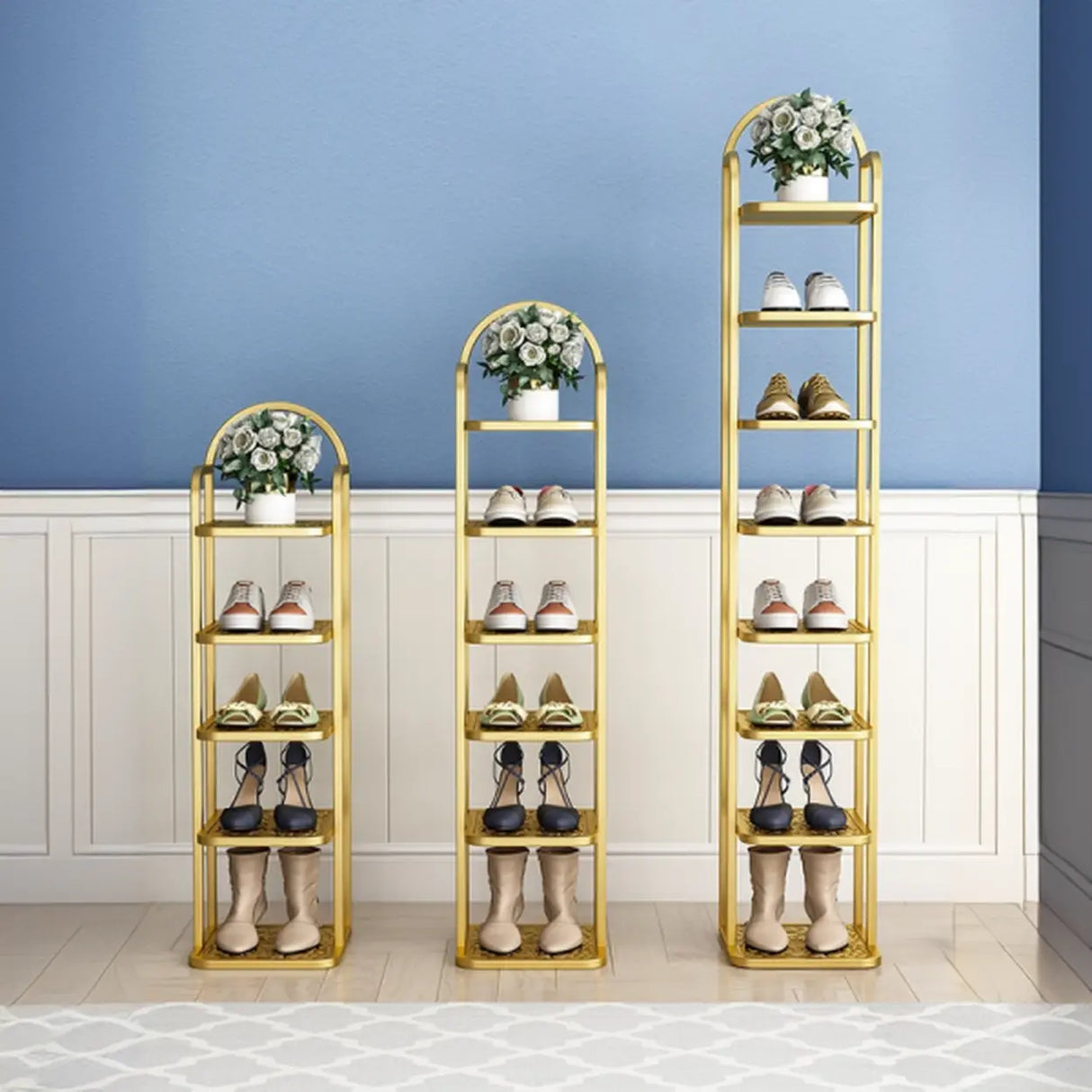 Scandinavian Tower Metal Floor Gold Tall Shoe Rack Image - 6