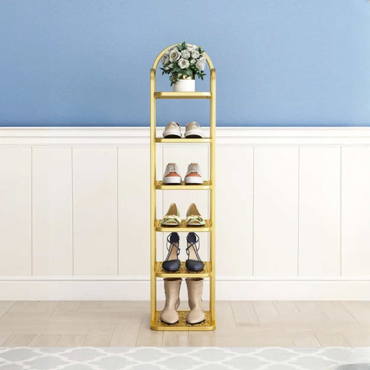 Scandinavian Tower Metal Floor Gold Tall Shoe Rack Image - 8