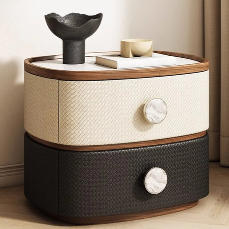 Scandinavian Two-Tone Oval Leather Nightstand with Drawers Image - 1