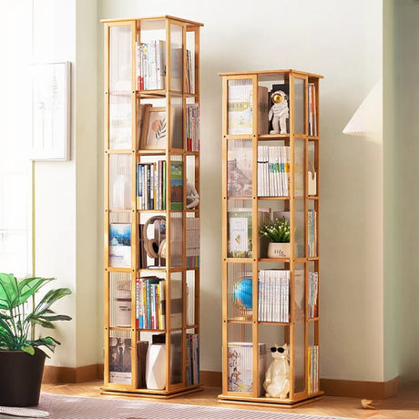 Scandinavian Vertical Tall Bamboo Rotating Bookshelf Tower Image - 1