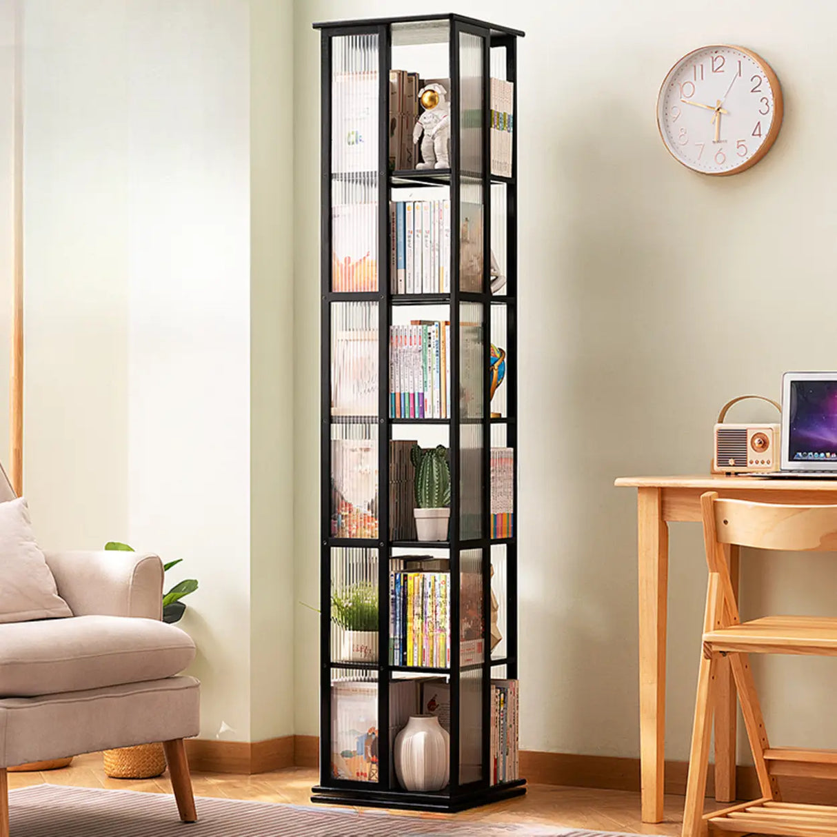 Scandinavian Vertical Tall Bamboo Rotating Bookshelf Tower Image - 11