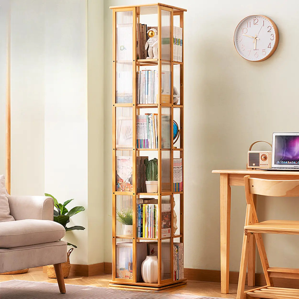 Scandinavian Vertical Tall Bamboo Rotating Bookshelf Tower Image - 2