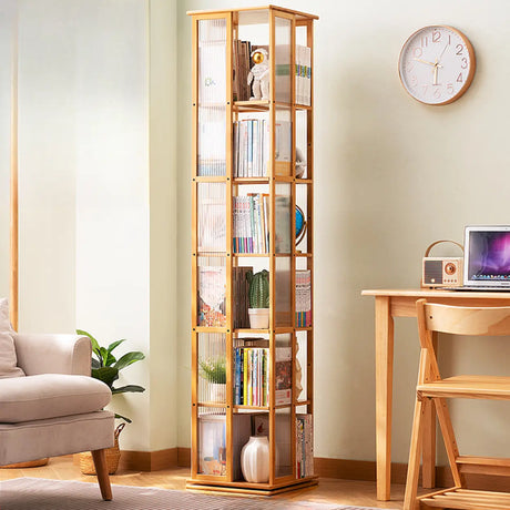 Scandinavian Vertical Tall Bamboo Rotating Bookshelf Tower Image - 2
