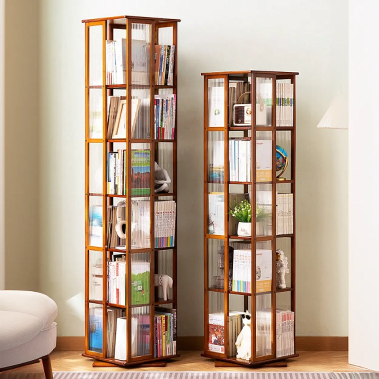 Scandinavian Vertical Tall Bamboo Rotating Bookshelf Tower Image - 4
