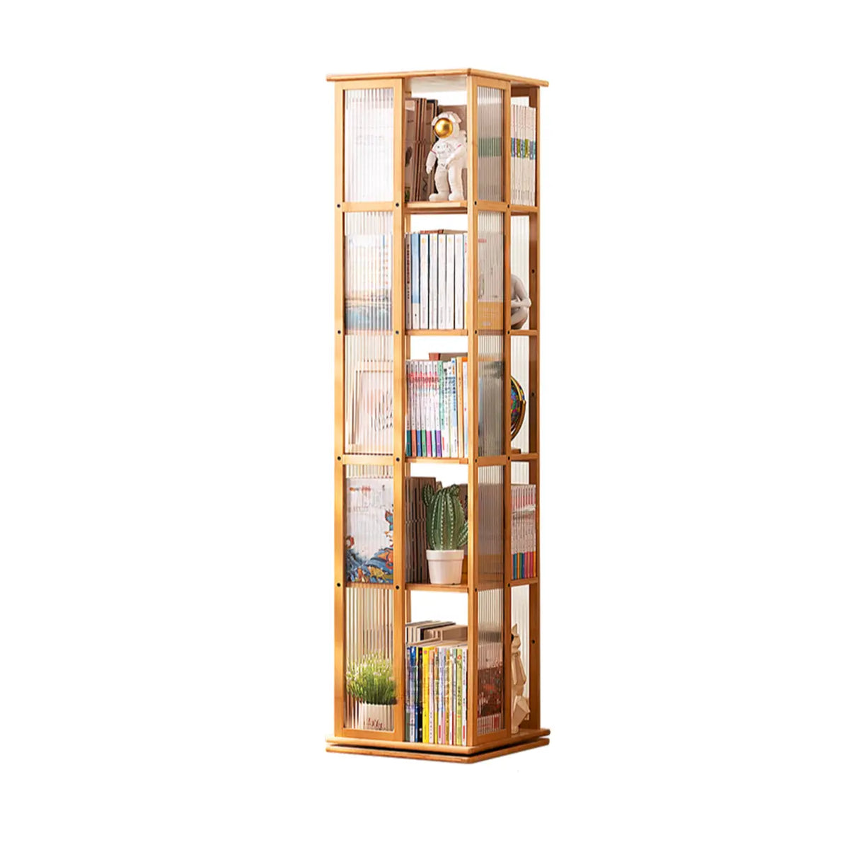 Scandinavian Vertical Tall Bamboo Rotating Bookshelf Tower Image - 8