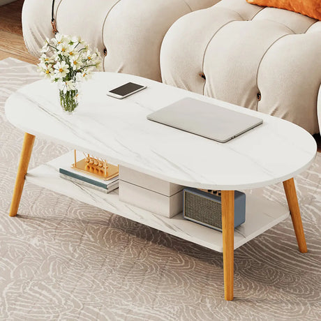 Scandinavian White Oval Wood Shelves Coffee Table Image - 1
