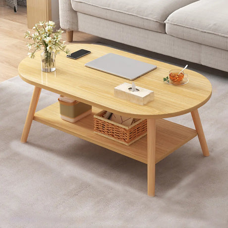 Scandinavian White Oval Wood Shelves Coffee Table Image - 2
