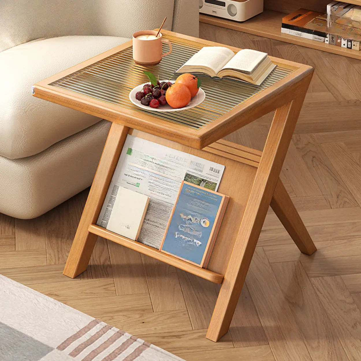 Scandinavian Wood and Glass Side Table with Storage Shelf Image - 4