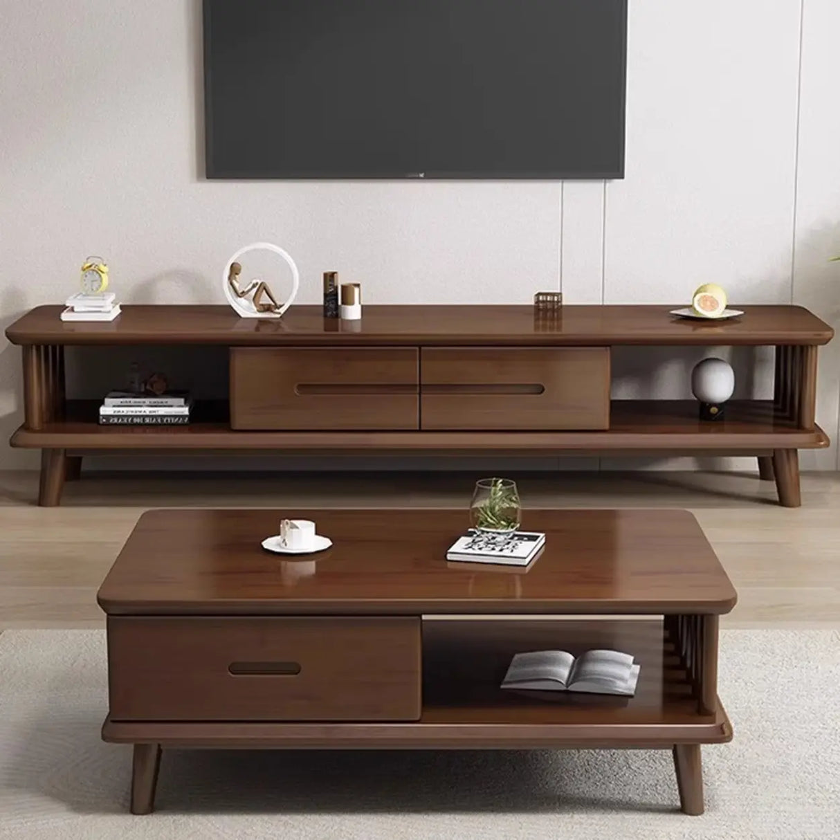 Scandinavian Wood Color Open Storage Drawers TV Stand Image - 6