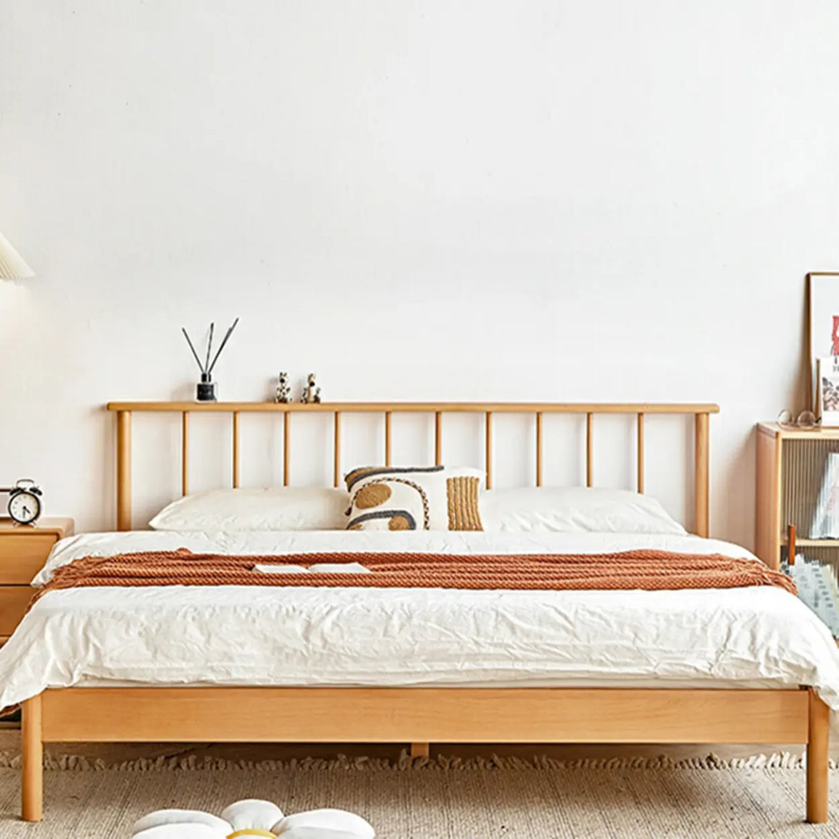 Scandinavian Wood Color Queen Headboard Wood Slat Bed Image - 1