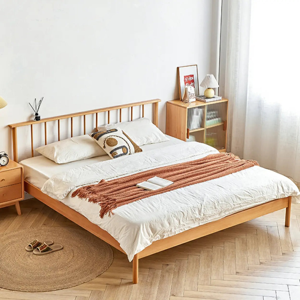 Scandinavian Wood Color Queen Headboard Wood Slat Bed Image - 5