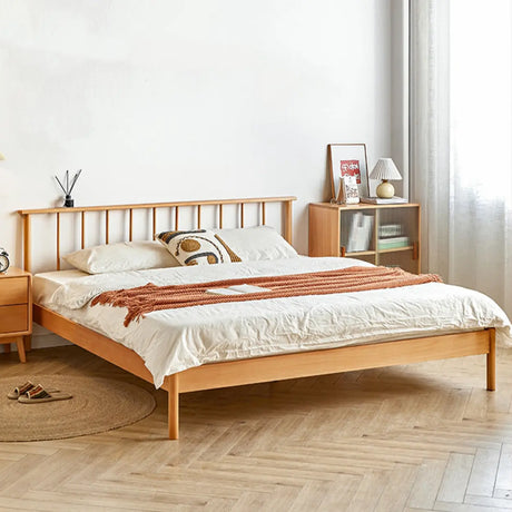 Scandinavian Wood Color Queen Headboard Wood Slat Bed Image - 4