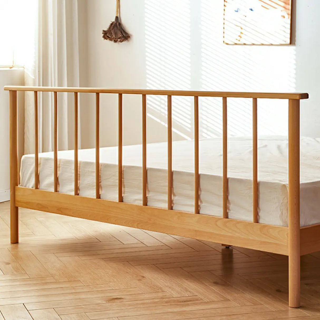 Scandinavian Wood Color Queen Headboard Wood Slat Bed Image - 9