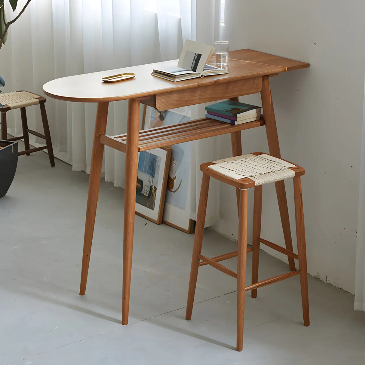 Scandinavian Wood Counter Height Bar Table with Storage Shelf Image - 1