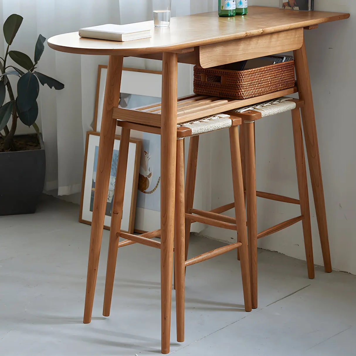 Scandinavian Wood Counter Height Bar Table with Storage Shelf Image - 4