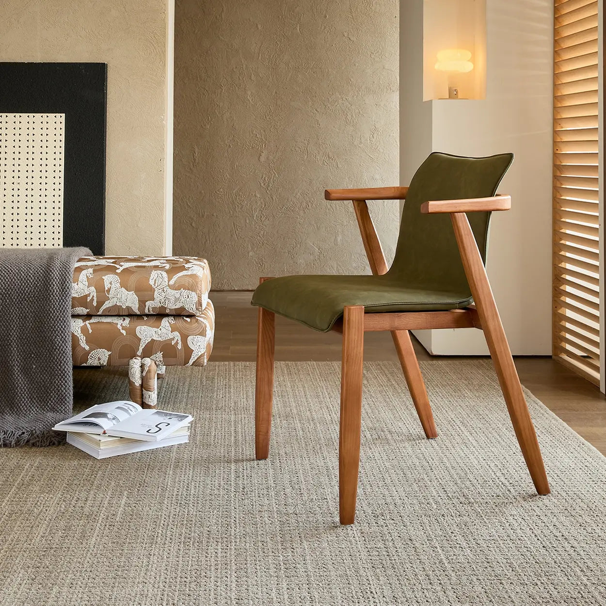 Scandinavian Wood Faux Leather Upholstered Arm Dining Chair Image - 1