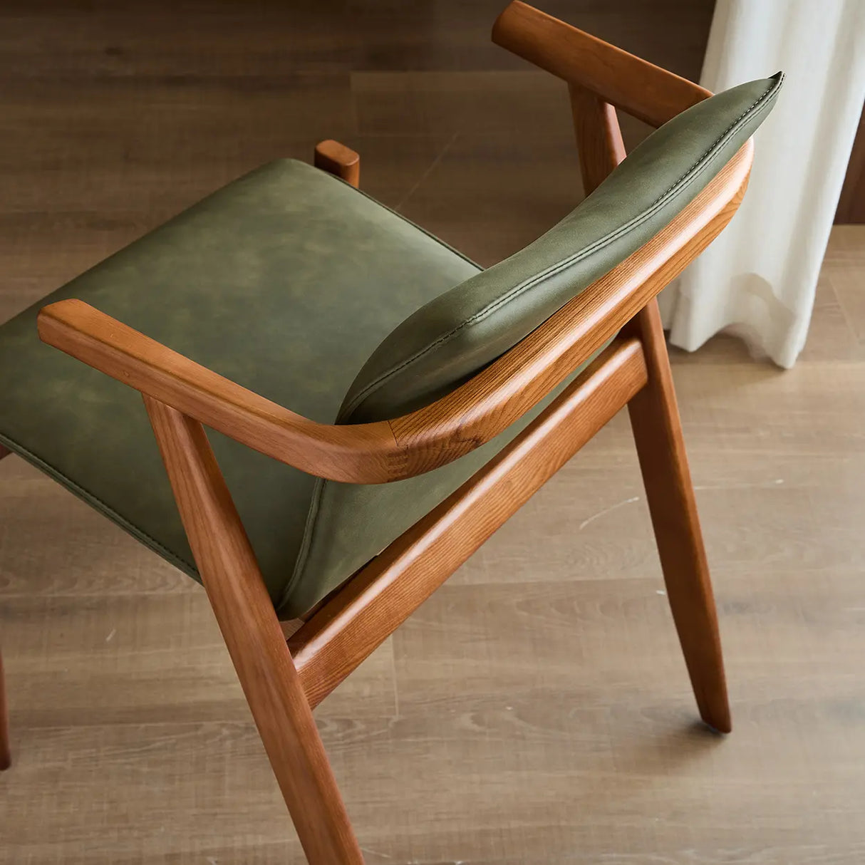 Scandinavian Wood Faux Leather Upholstered Arm Dining Chair Image - 12