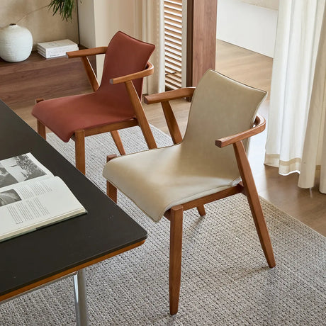 Scandinavian Wood Faux Leather Upholstered Arm Dining Chair Image - 6