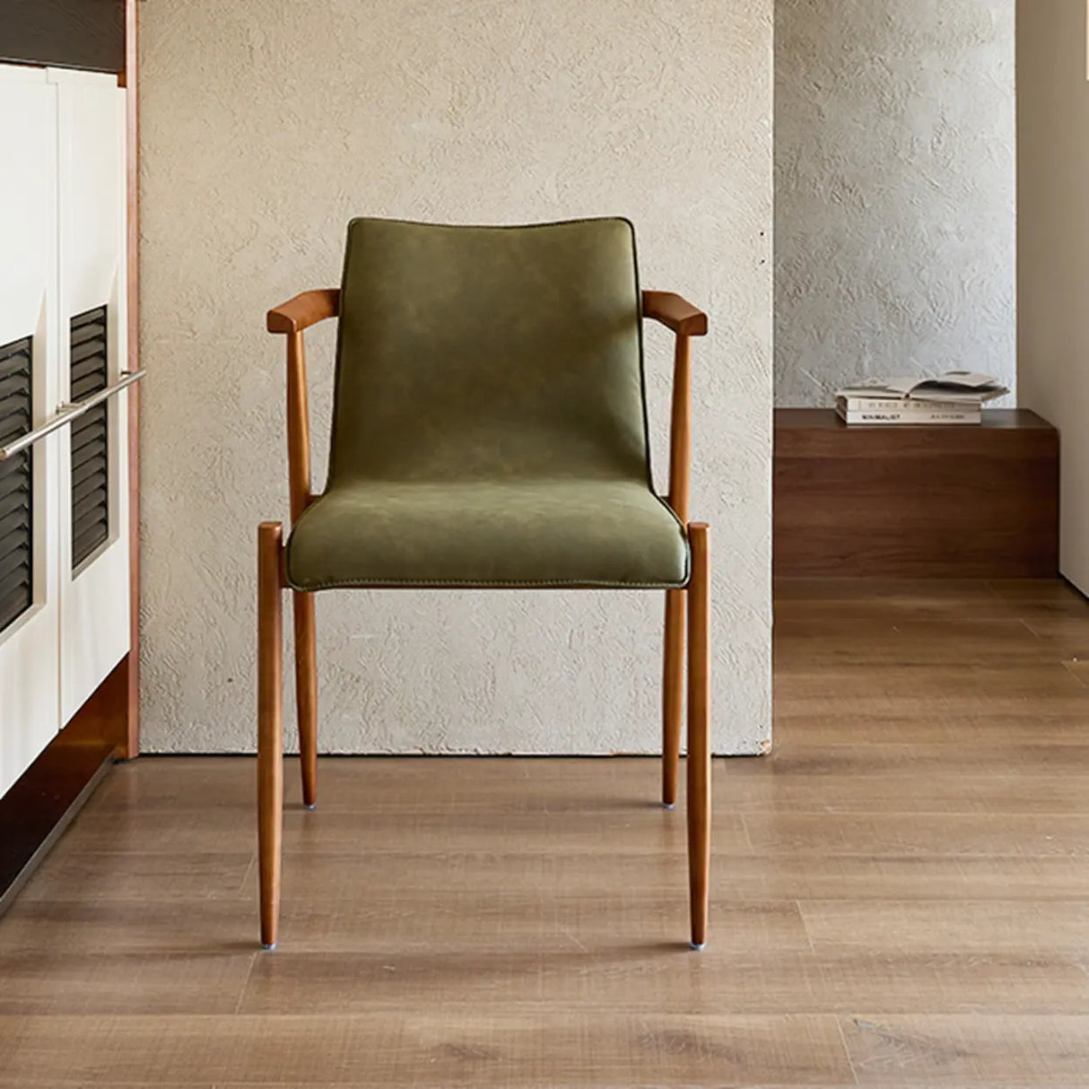 Scandinavian Wood Faux Leather Upholstered Arm Dining Chair Image - 8