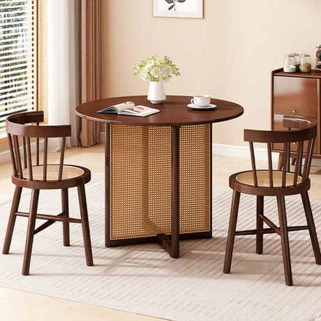 Scandinavian Woven Rattan Compact Round Wood Dining Table Image - 4
