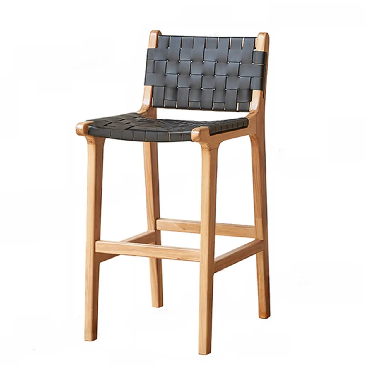 Scandinavian Woven Rope Wood Bar Stool with Low Back
