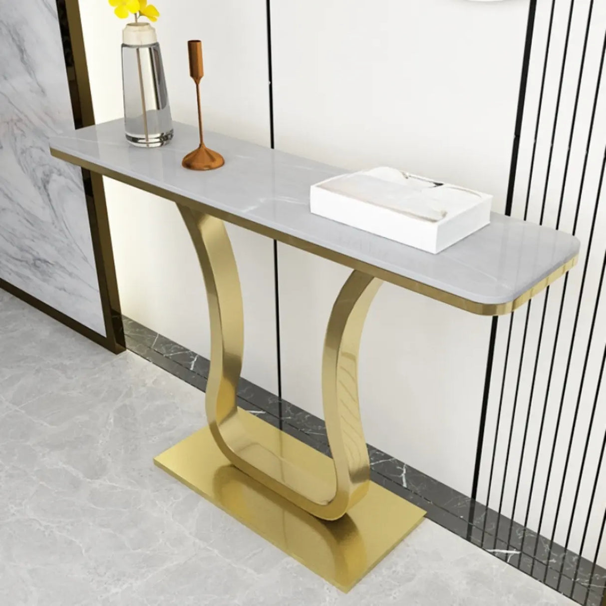 Scratch-proofed Pedestal Base Modish Stone Console Table Image - 5