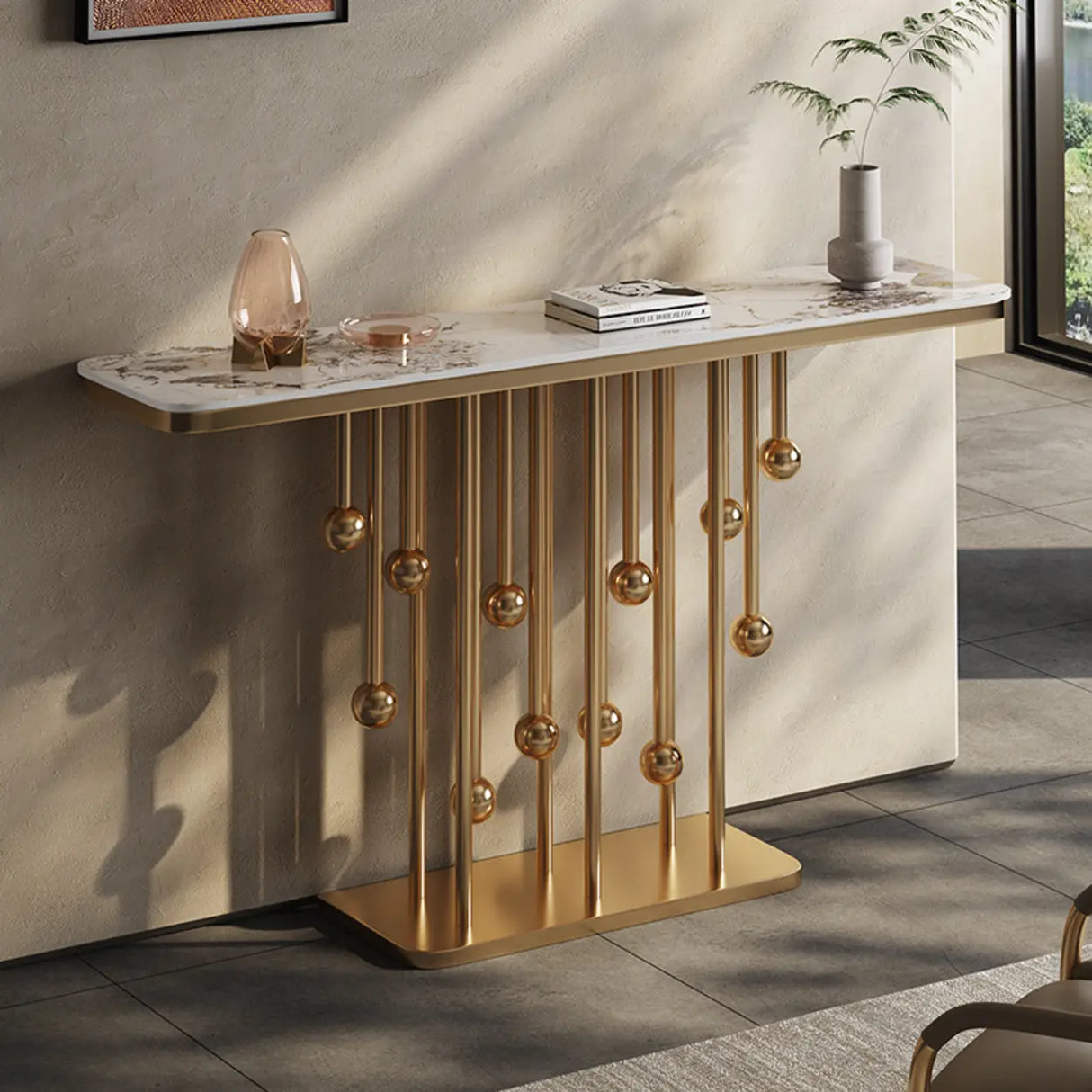 Scratch Resistant Artistic Globe Base Stone Console Table Image - 1