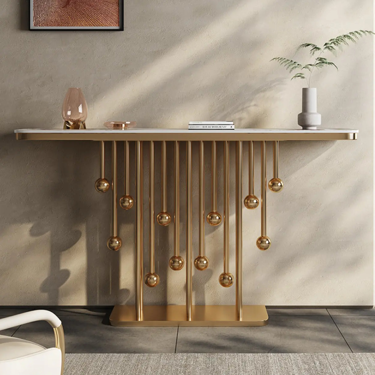 Scratch Resistant Artistic Globe Base Stone Console Table Image - 2