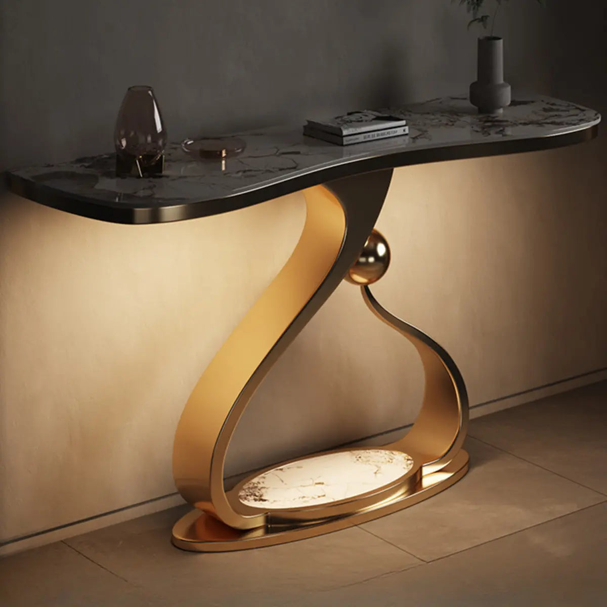 Scratch Resistant Curved Gold Stainless Steel Console Table Image - 3
