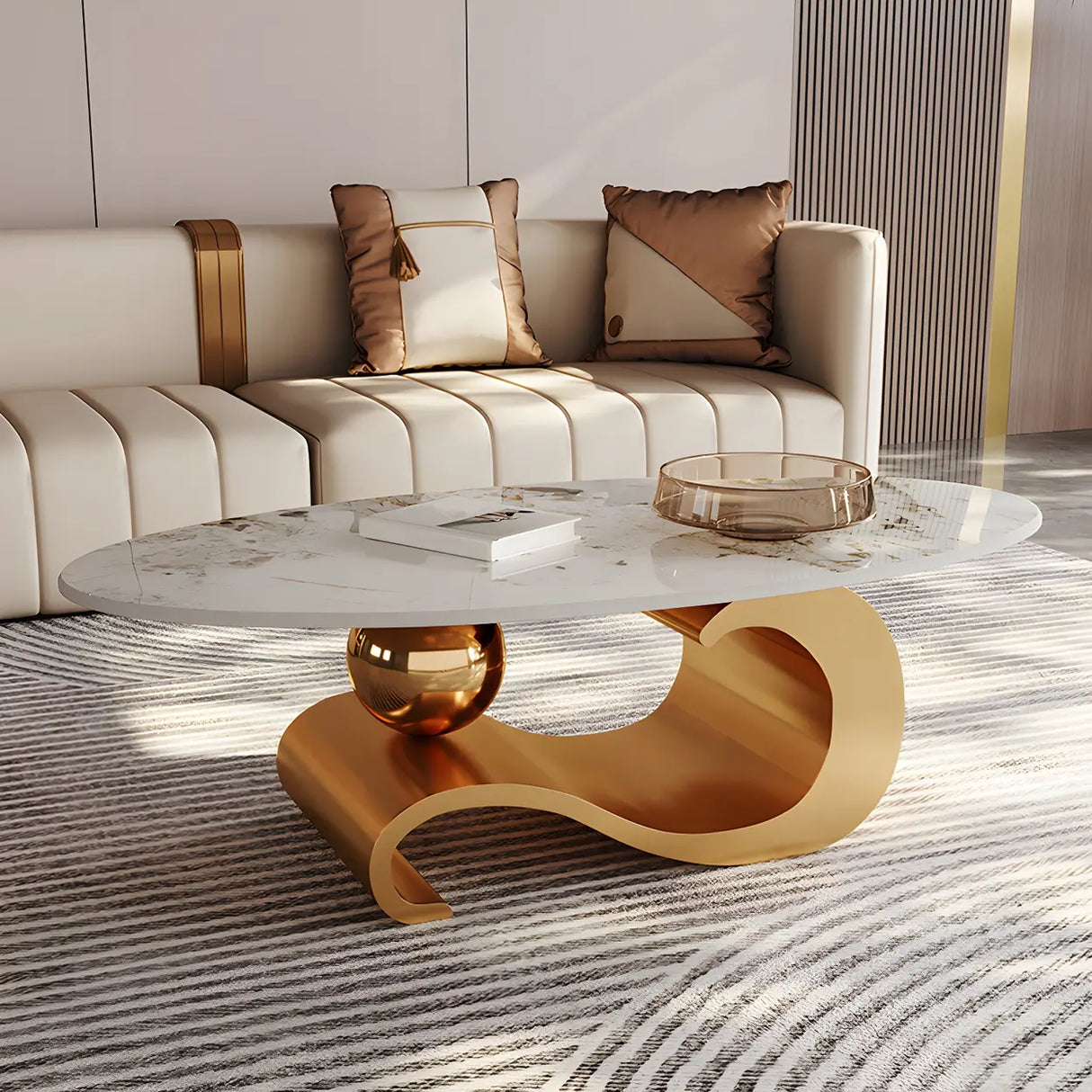 Scratch Resistant Stone Oval Abstract Coffee Table Image - 1