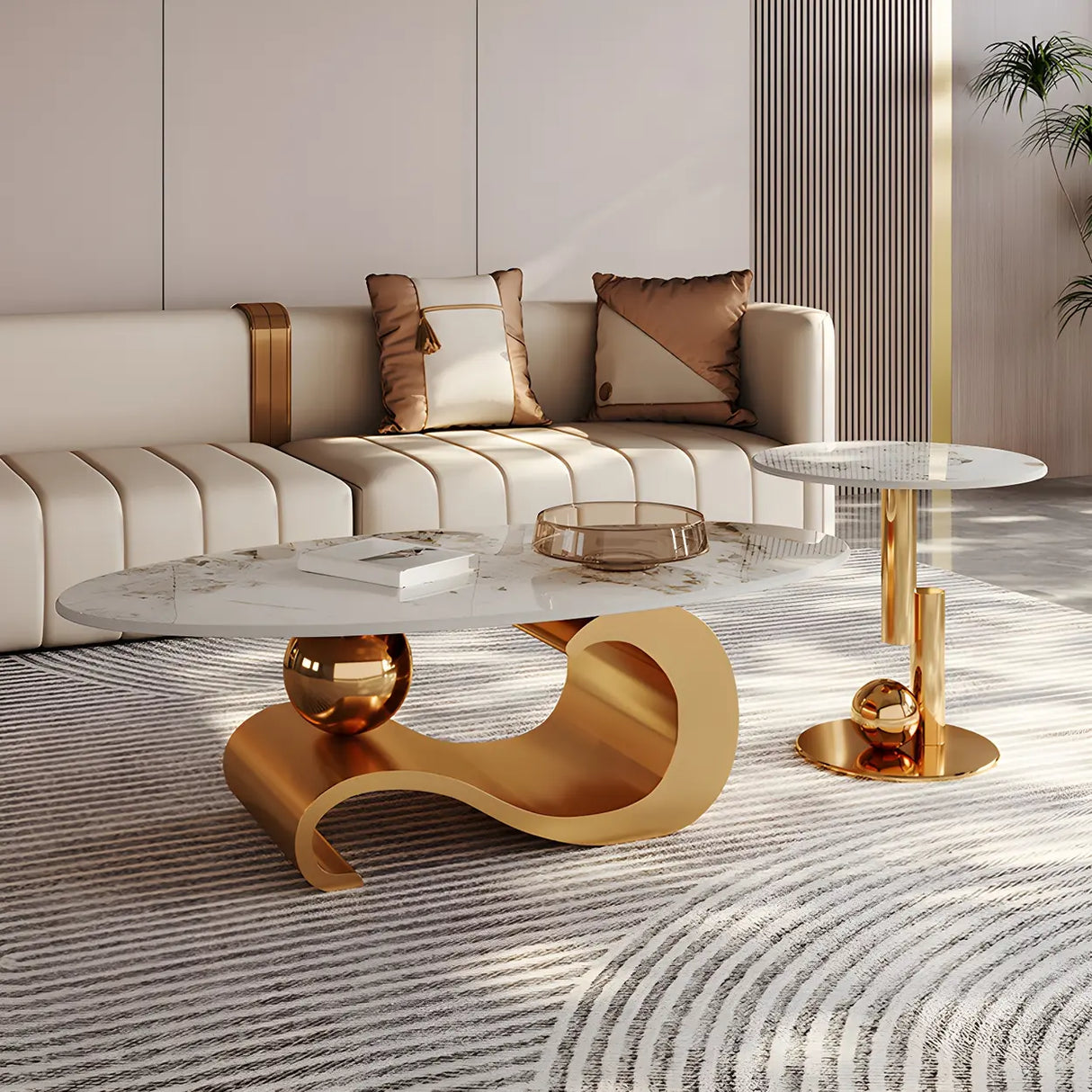 Scratch Resistant Stone Oval Abstract Coffee Table Image - 4