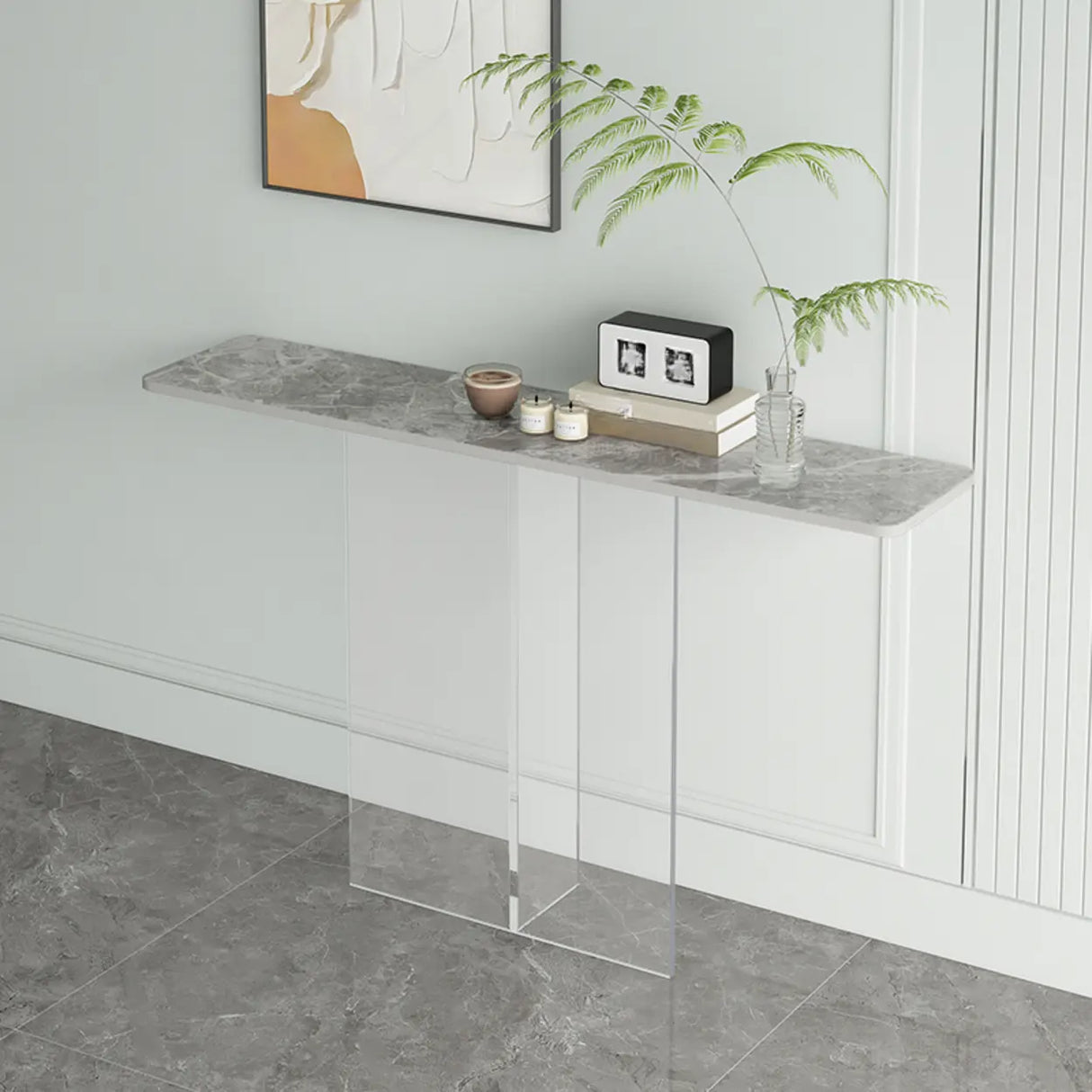 Scratch-resistant Stone Rectangular White Console Table Image - 9