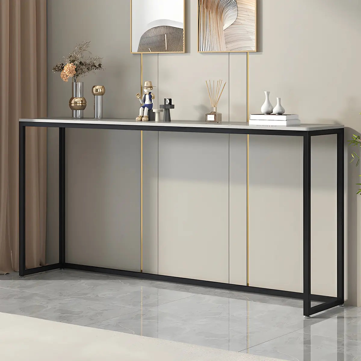 Scratch Resistant Stone Top Black Metal Console Table Image - 1