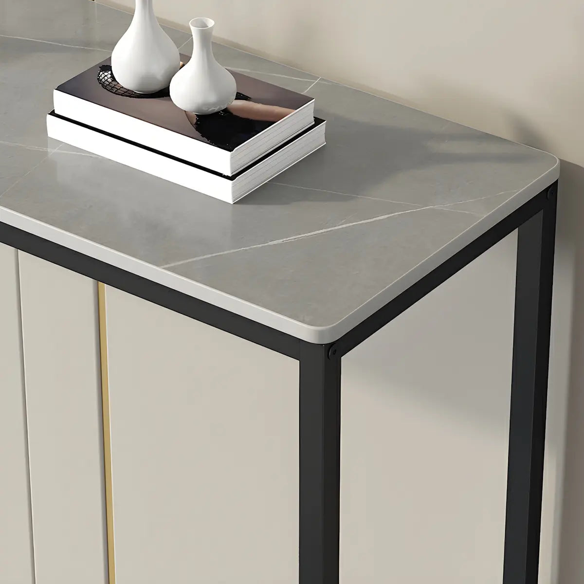 Scratch Resistant Stone Top Black Metal Console Table Image - 10