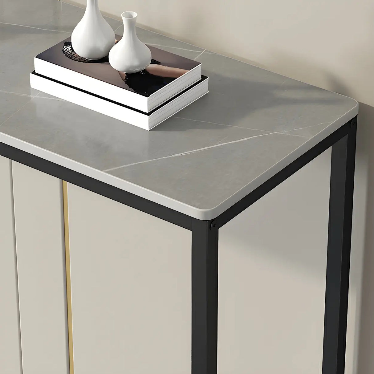 Scratch Resistant Stone Top Black Metal Console Table Image - 10