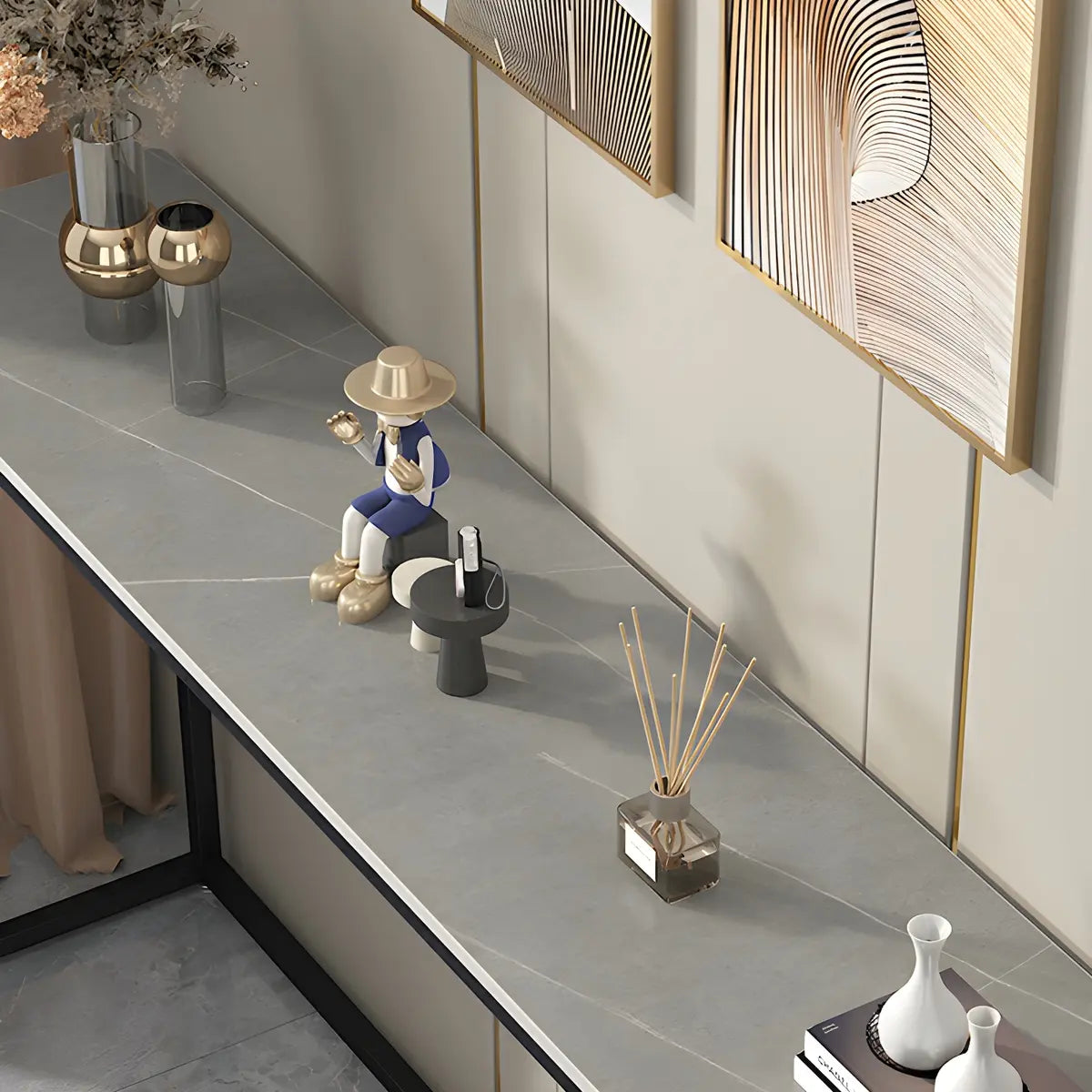 Scratch Resistant Stone Top Black Metal Console Table Image - 11