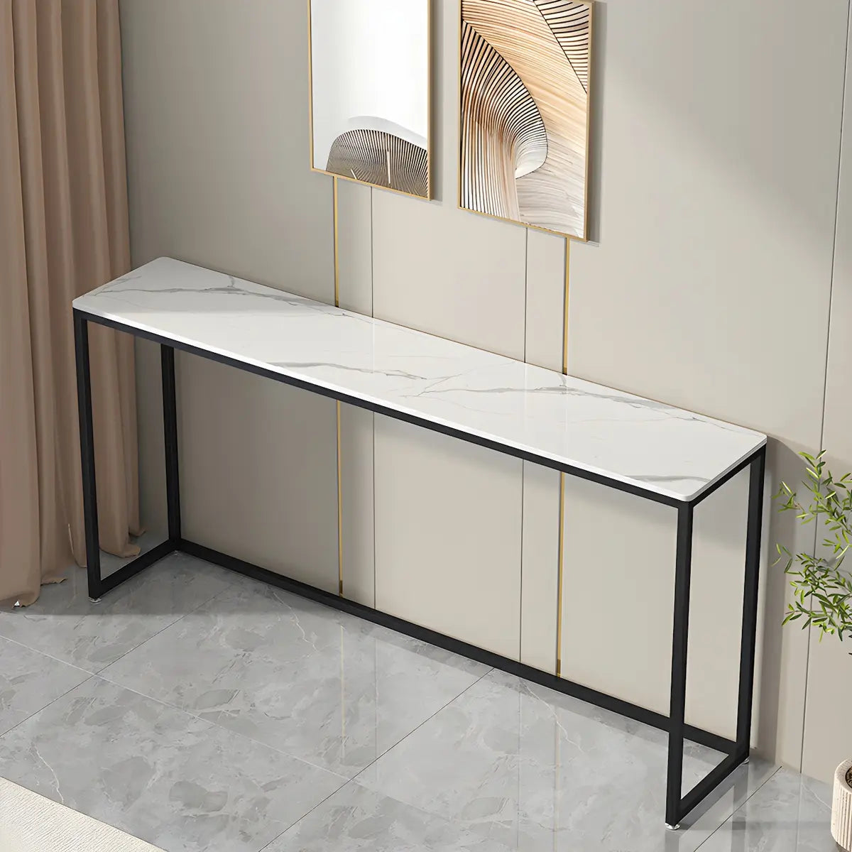 Scratch Resistant Stone Top Black Metal Console Table Image - 3