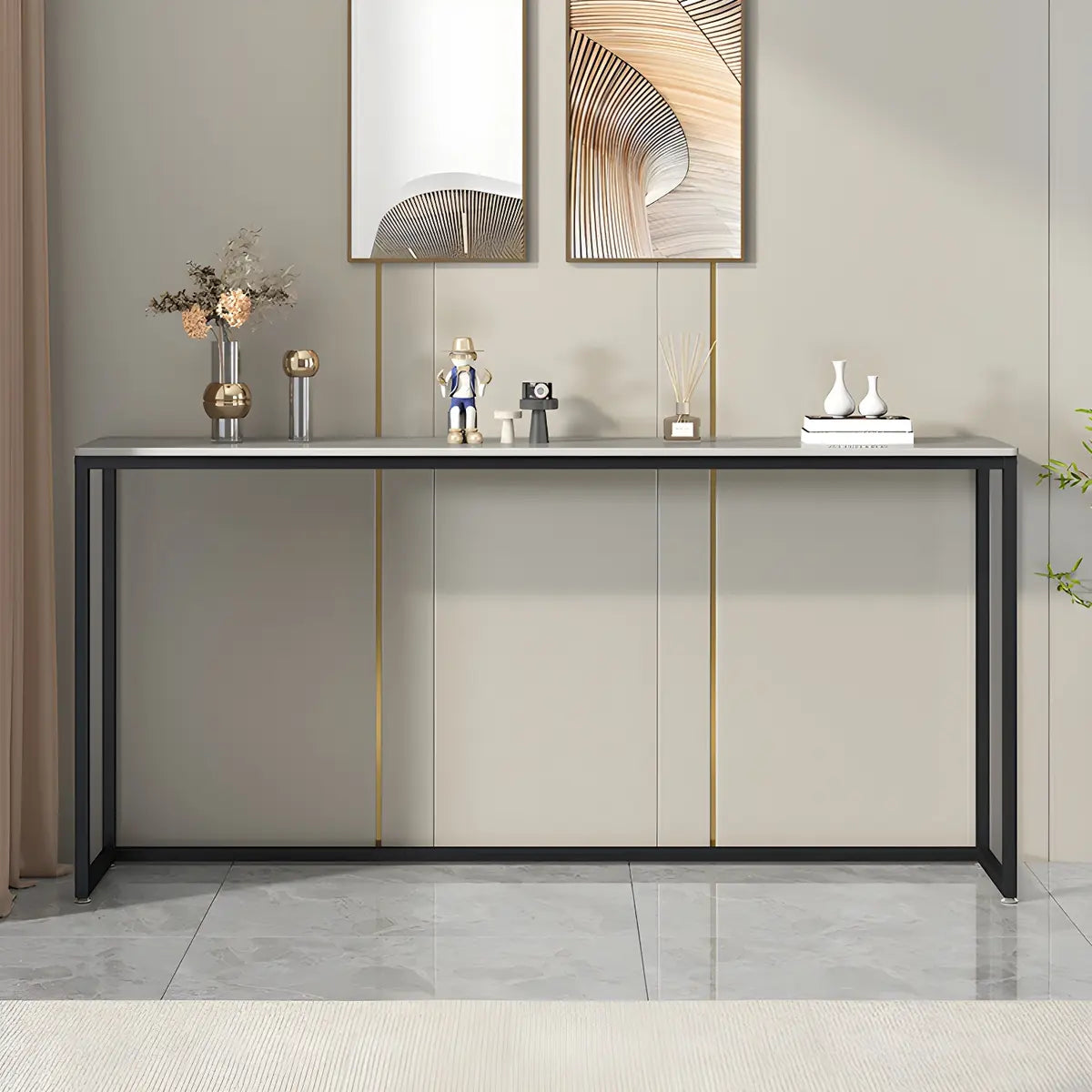 Scratch Resistant Stone Top Black Metal Console Table Image - 4