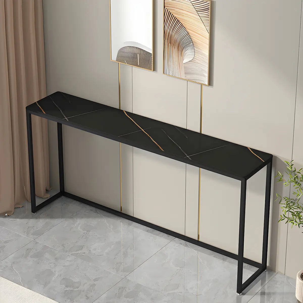 Scratch Resistant Stone Top Black Metal Console Table Image - 5