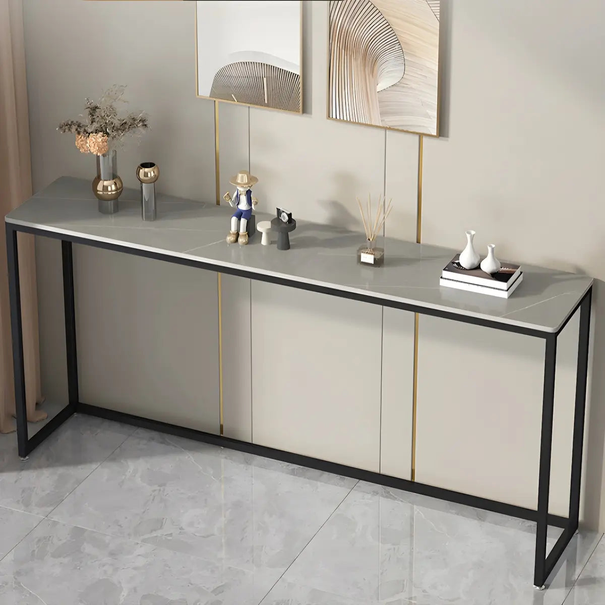 Scratch Resistant Stone Top Black Metal Console Table Image - 6