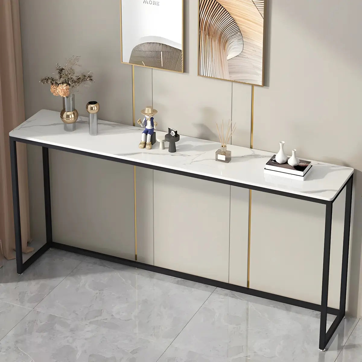 Scratch Resistant Stone Top Black Metal Console Table Image - 7