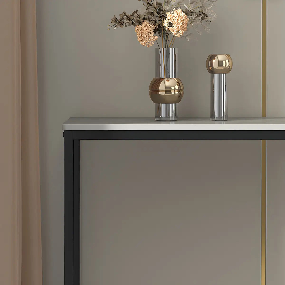 Scratch Resistant Stone Top Black Metal Console Table Image - 9