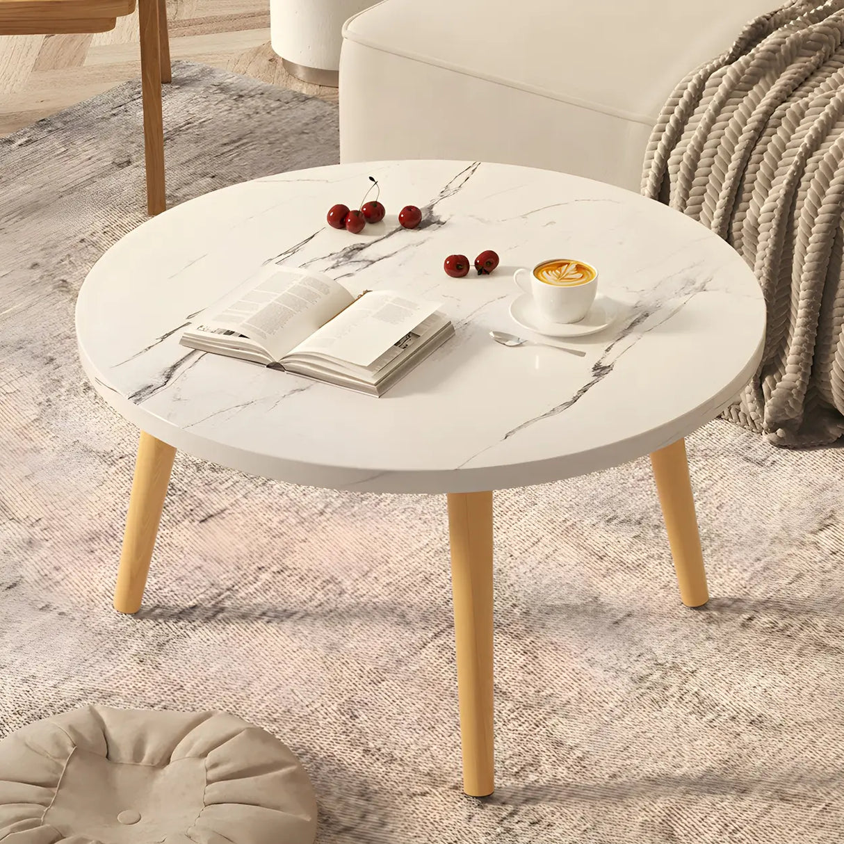 Scratch Resistant Wood Round Coffee Table with 3 Legs Image - 1