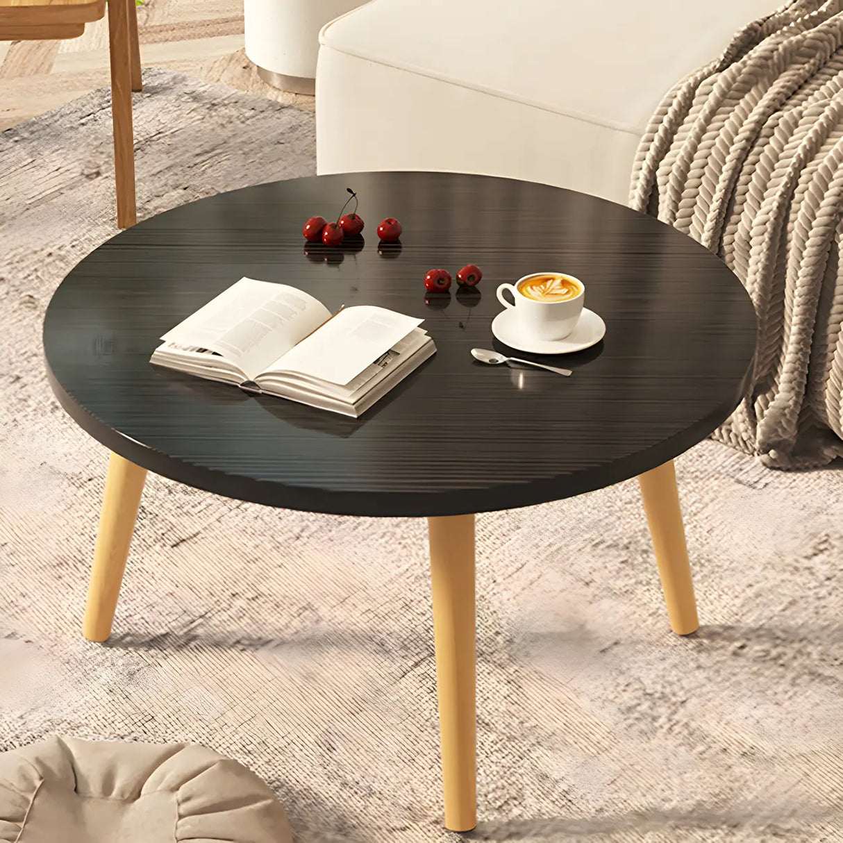 Scratch Resistant Wood Round Coffee Table with 3 Legs Image - 5
