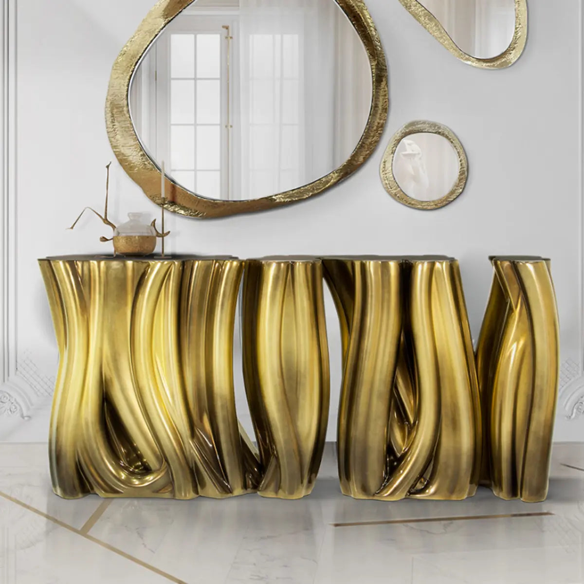 Sculptural Abstract Fiberglass Gold Metal Console Table Image - 1